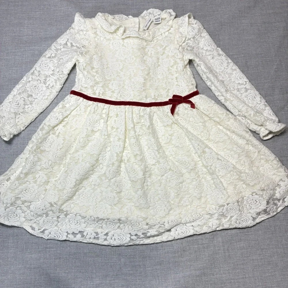 Janie and Jack Baby Girls Ivory Lace Long Sleeved Dress Red Bow 18-24 Months